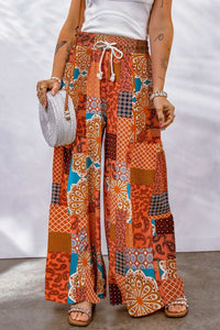 Bohemian Patchwork Drawstring Wide Leg Pants  Krazy Heart Designs Boutique Orange S 