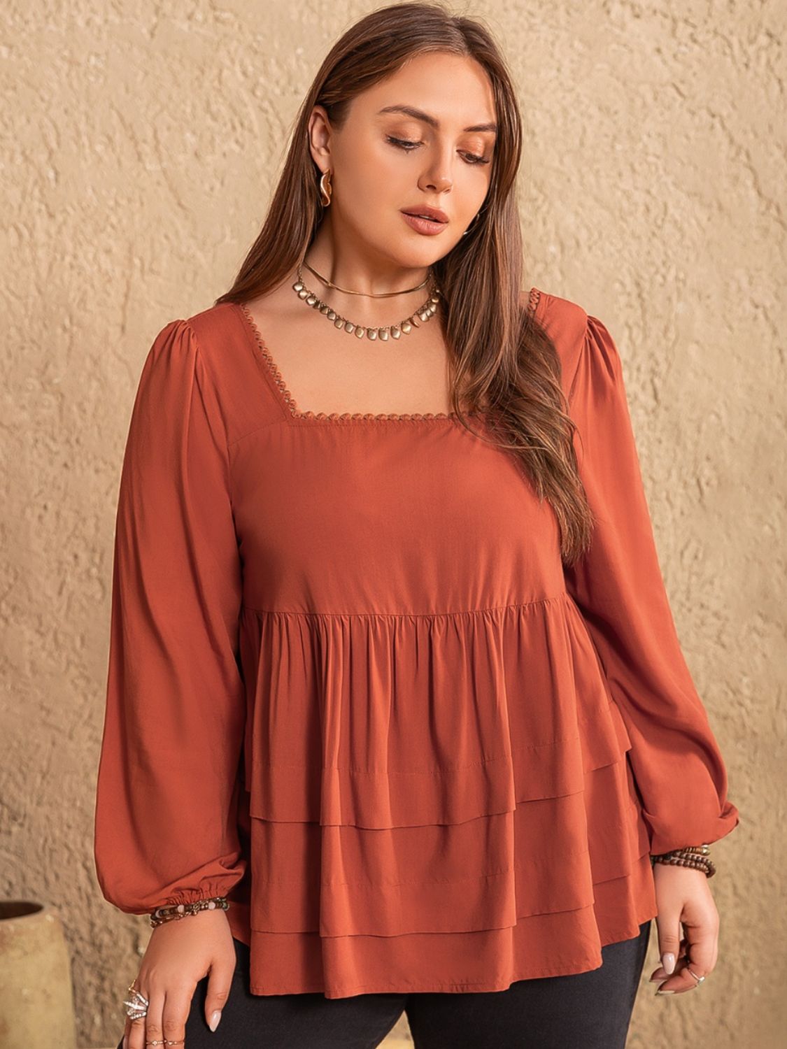 Plus Size Lace Detail Square Neck Long Sleeve Blouse Shirts & Tops Krazy Heart Designs Boutique   