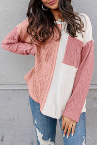 Full Size Color Block Cable-Knit Sweater (3 Colors)  Krazy Heart Designs Boutique Dusty Pink S 
