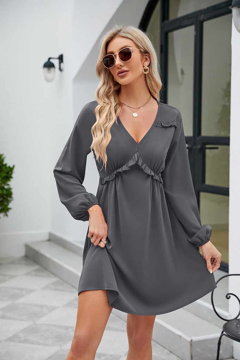 Frill Trim V-Neck Long Sleeve Dress (5 Colors) Dress Krazy Heart Designs Boutique Dark Gray S 