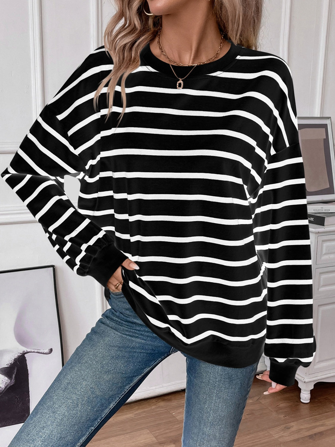 Lovelet Striped Round Neck Long Sleeve Sweatshirt (4 Colors) Shirts & Tops Krazy Heart Designs Boutique Black S 