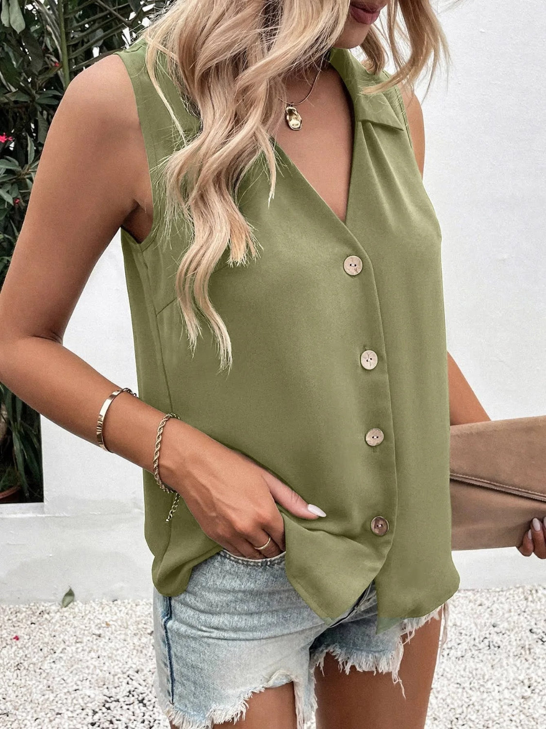 Johnny Collared Button Up Sleeveless Top Shirts & Tops Krazy Heart Designs Boutique