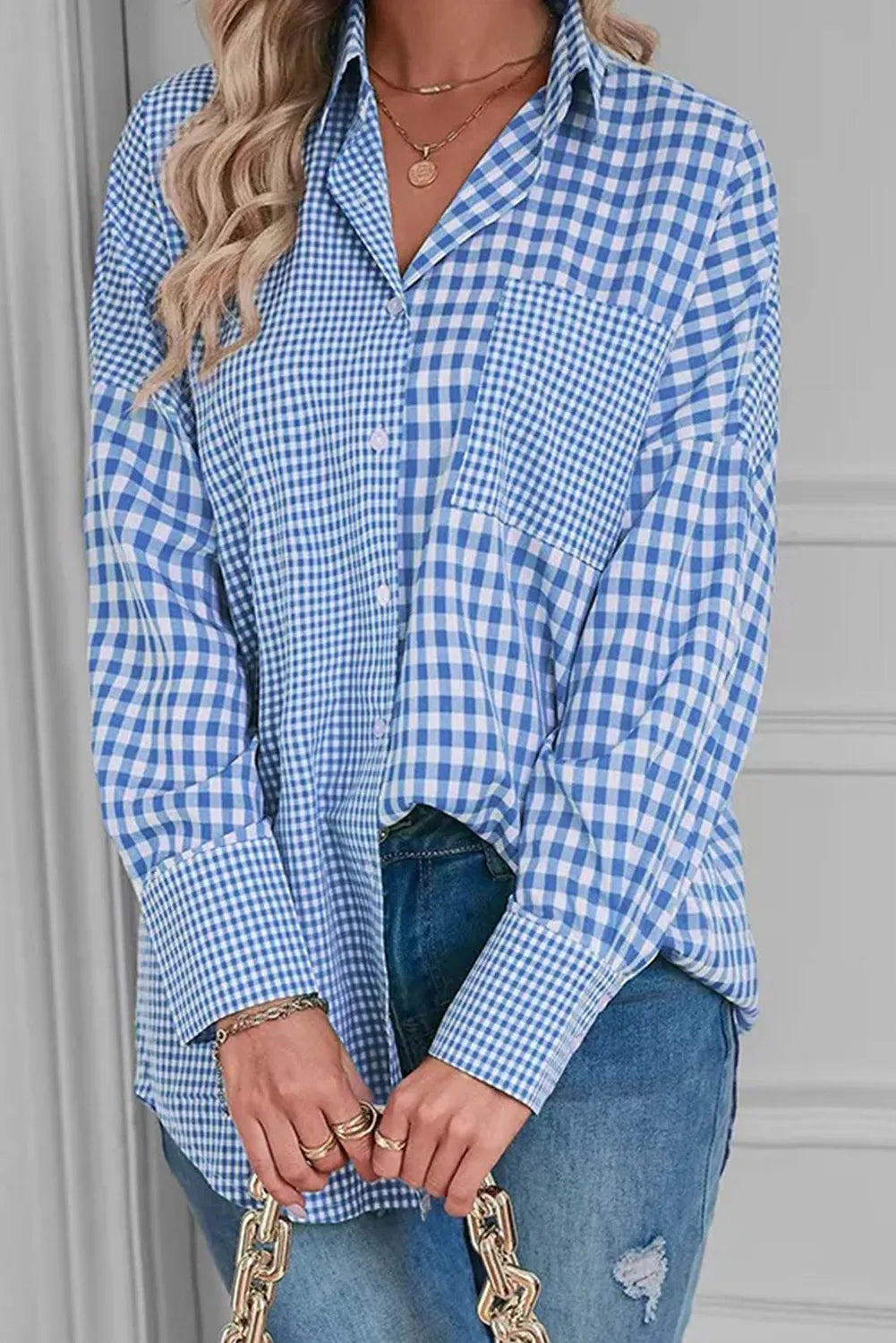 Pocketed Plaid Collared Neck Long Sleeve Top Shirts & Tops Krazy Heart Designs Boutique Light Blue S 