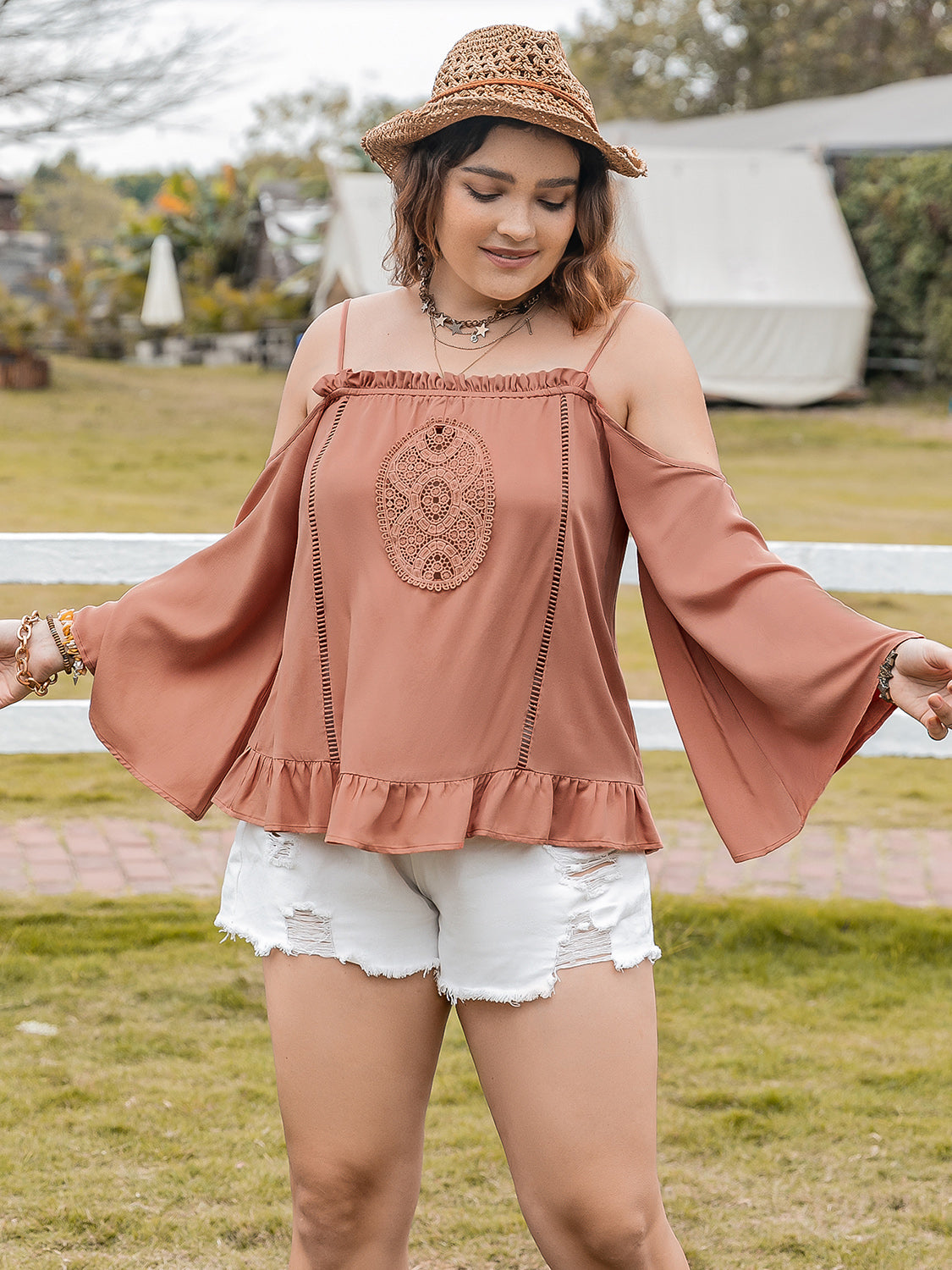 Plus Size Frill Square Neck Long Sleeve Blouse Shirts & Tops Krazy Heart Designs Boutique   