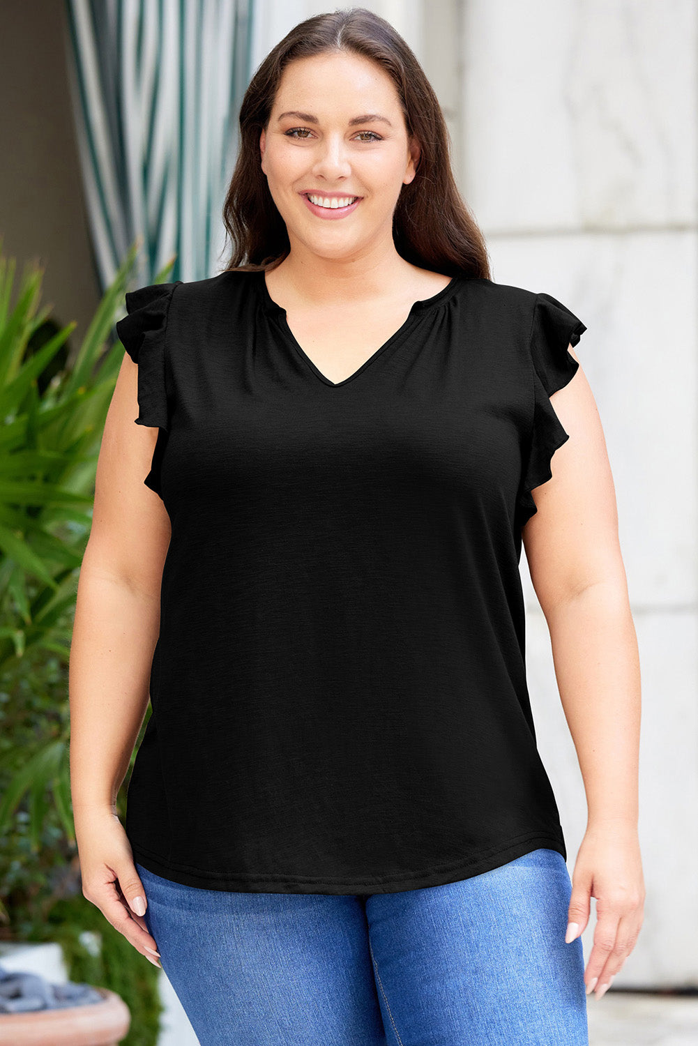 Plus Size Flutter Sleeve Notched Blouse Shirts & Tops Krazy Heart Designs Boutique Black 1X 