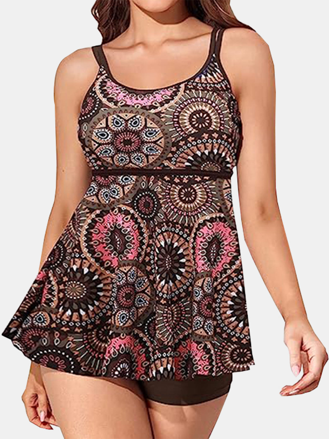 Floral Printed Scoop Neck Two-Piece Swim Set (4 Designs) Shirts & Tops Krazy Heart Designs Boutique Brown M 