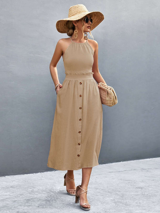Buttoned Halter Neck Frill Trim Midi Dress (2 Colors)  Krazy Heart Designs Boutique Tan S 