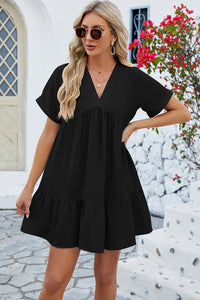 Ruched Tiered V-Neck Short Sleeve Mini Dress (5 Colors) Dress Krazy Heart Designs Boutique Black S 