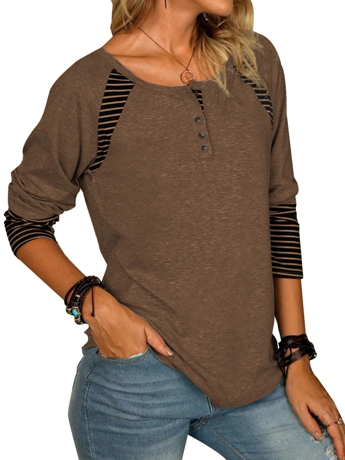 Full Size Striped Quarter Button Long Sleeve Top (6 Colors) Shirts & Tops Krazy Heart Designs Boutique   