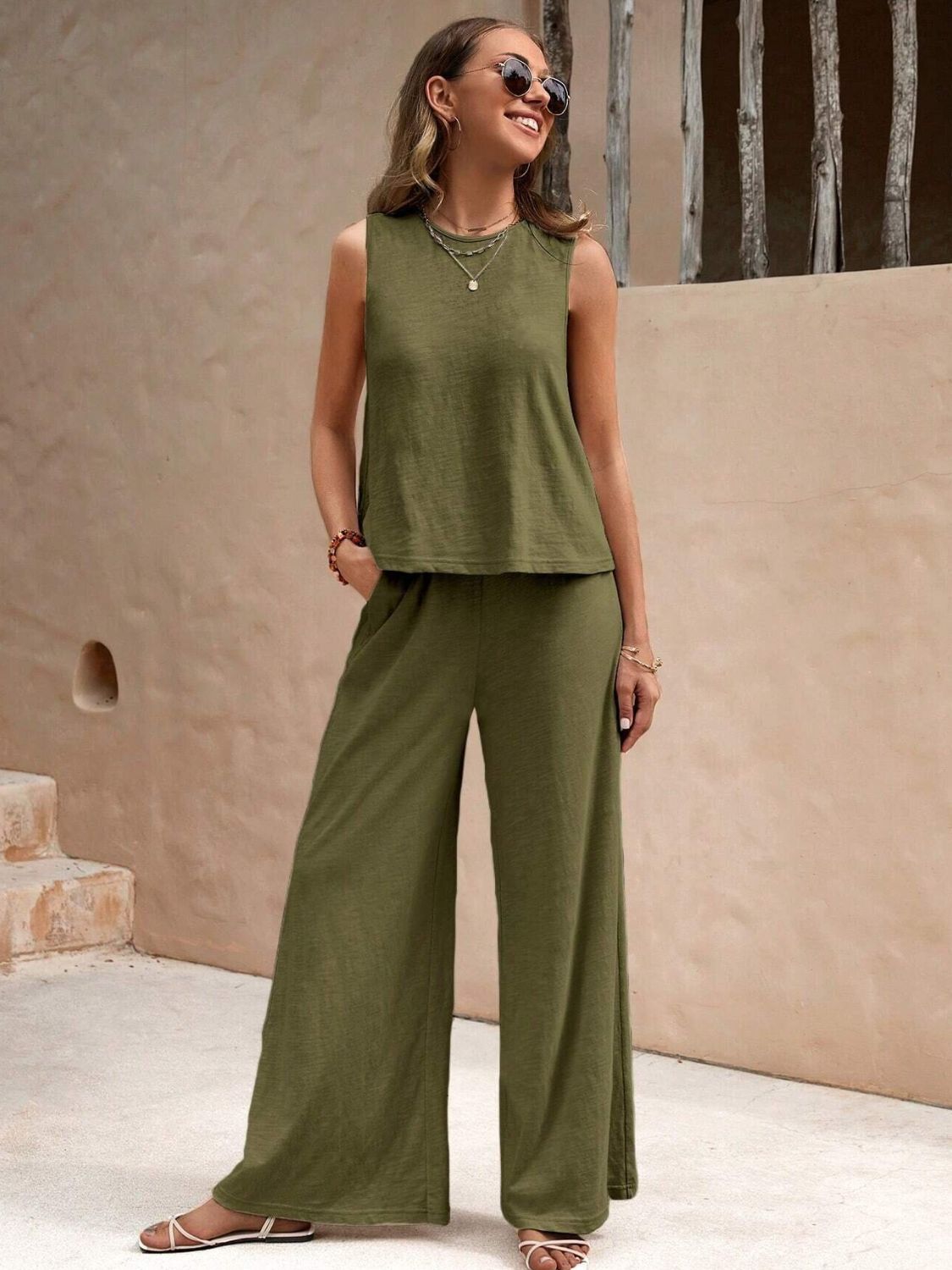 Round Neck Sleeveless Top and Wide Leg Pants Set (5 Colors) Outfit Sets Krazy Heart Designs Boutique Army Green S