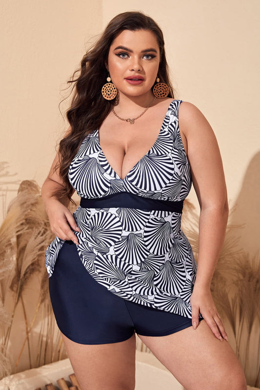 Plus Size Shell PrintSleeveless Top and Shorts Swim Set swimwear Krazy Heart Designs Boutique Navy 1XL 