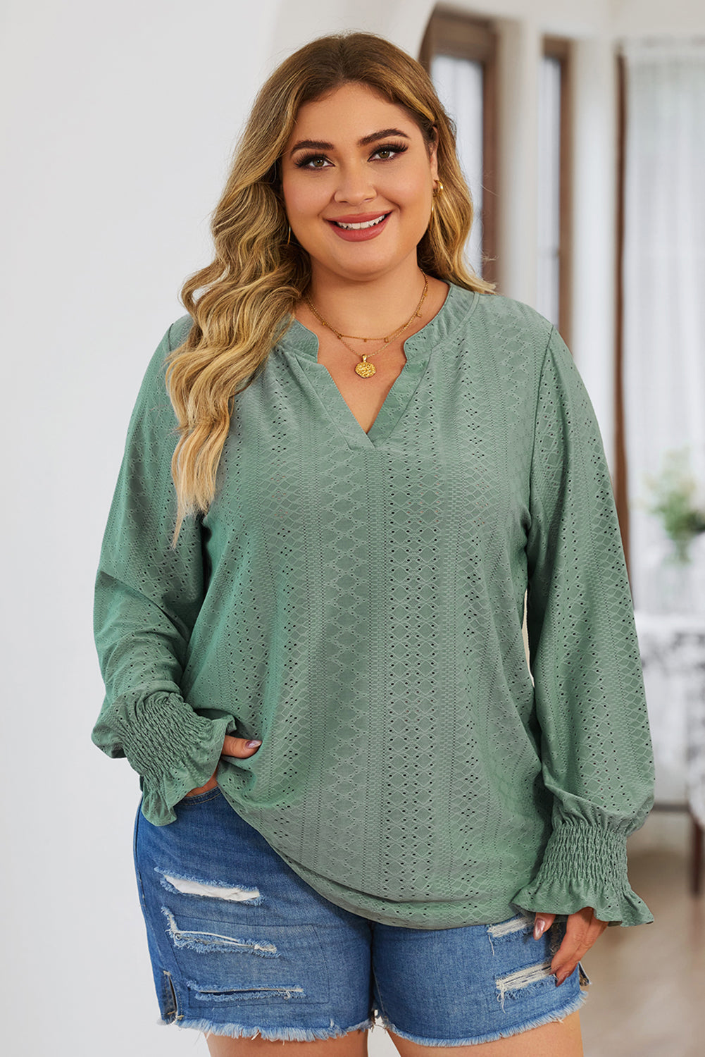 Plus Size Eyelet Notched Flounce Sleeve Blouse (4 Colors) Shirts & Tops Krazy Heart Designs Boutique Sage 1XL 