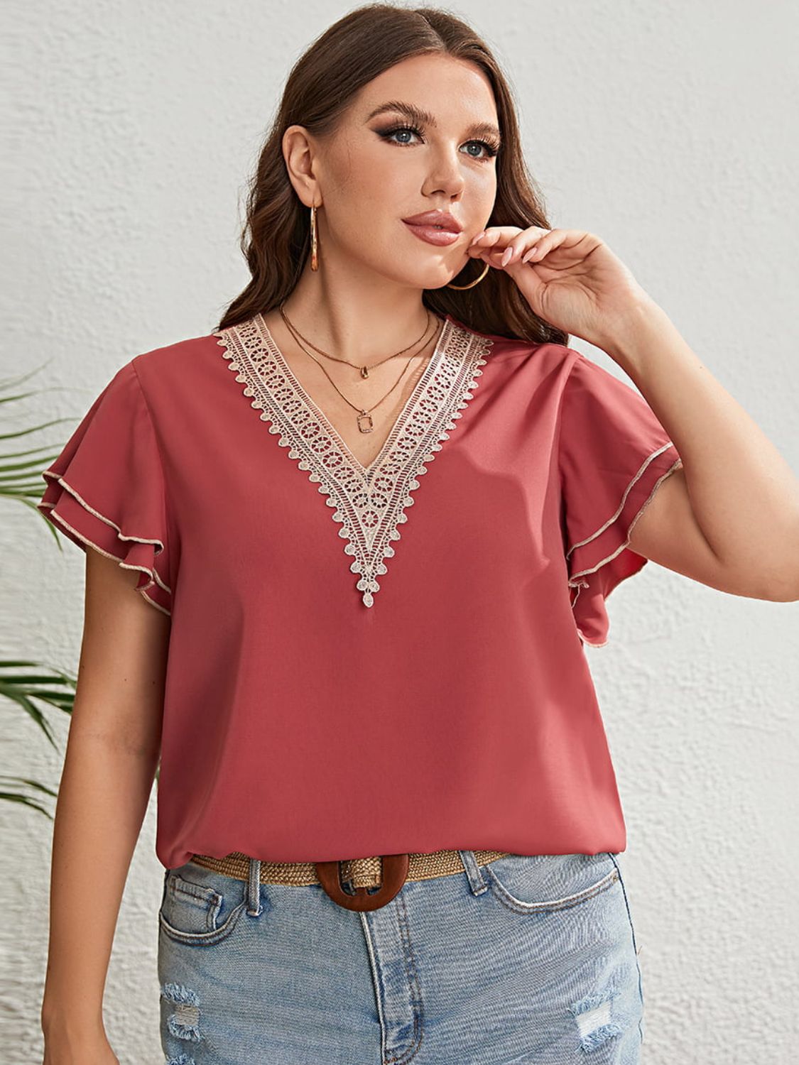 Honey Plus Size Contrast V-Neck Layered Flutter Sleeve Blouse Shirts & Tops Krazy Heart Designs Boutique Burnt Coral 1XL 