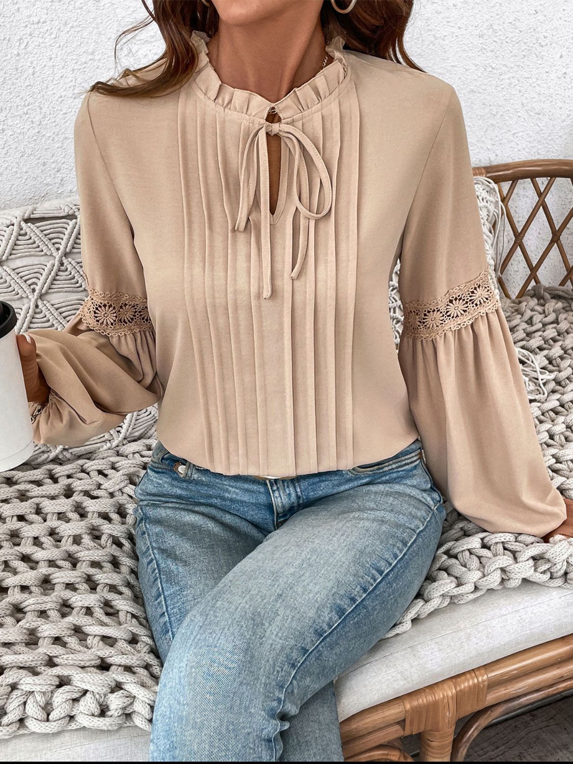 Perfee Frill Tie Neck Long Sleeve Blouse Shirts & Tops Krazy Heart Designs Boutique   