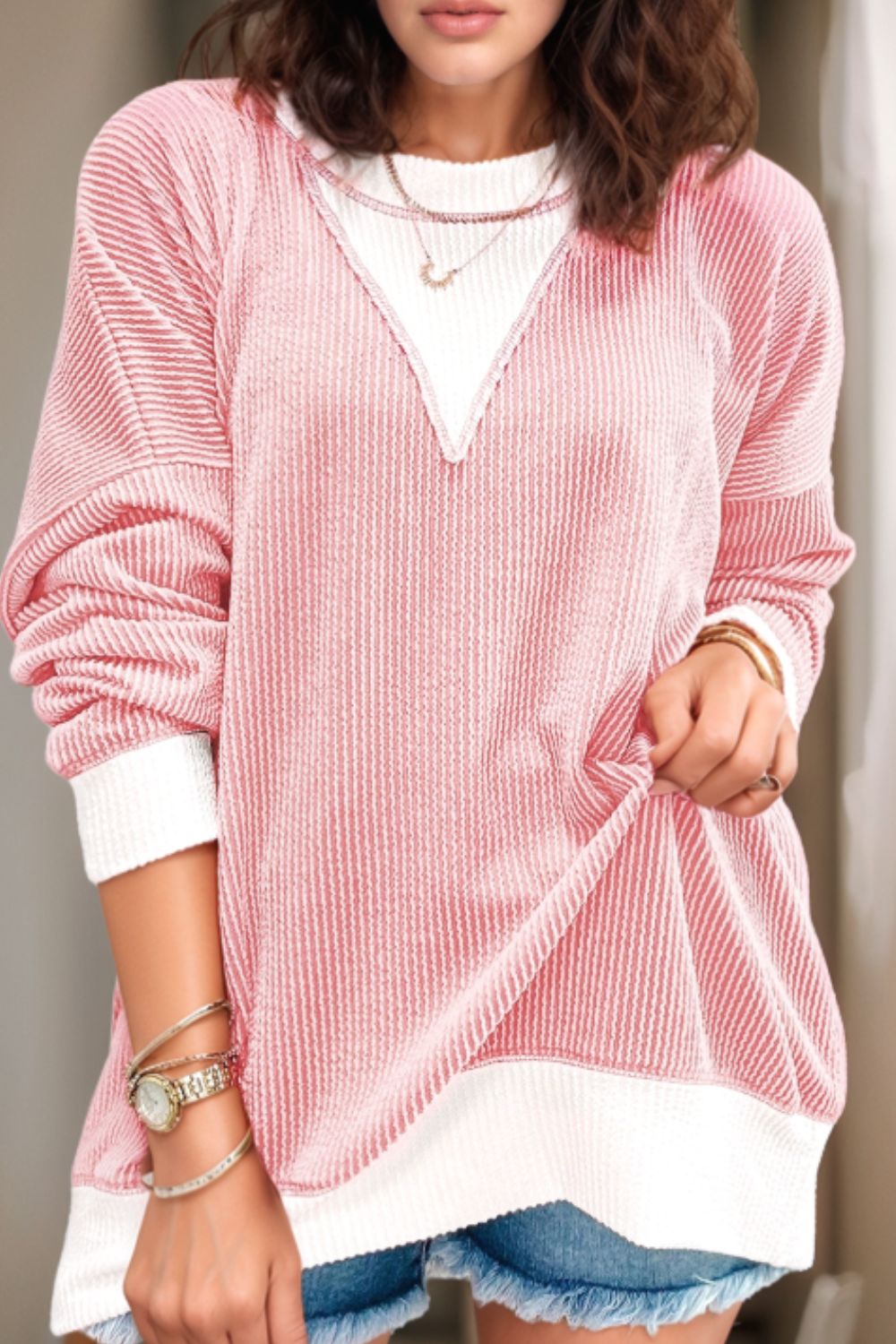 Blush Pink Ribbed Long Sleeve Sweatshirt Shirts & Tops Krazy Heart Designs Boutique Blush Pink S