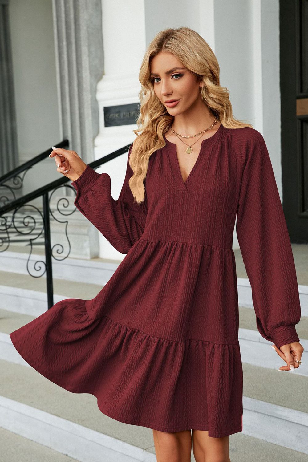 Notched Neck Long Sleeve Mini Dress (6 Colors) Dress Krazy Heart Designs Boutique Burgundy S 