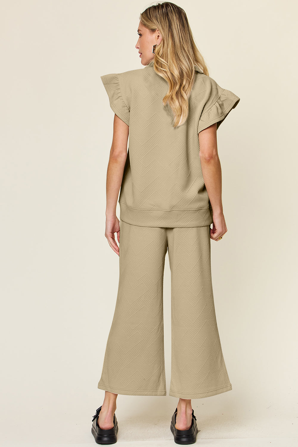 Double Take Texture Ruffle Short Sleeve Top and Drawstring Wide Leg Pants Set (12 Colors)