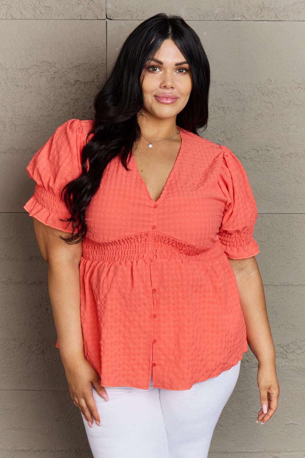 Culture Code Whimsical Wonders Full Size V-Neck Puff Sleeve Button Down Top  Krazy Heart Designs Boutique Coral S 