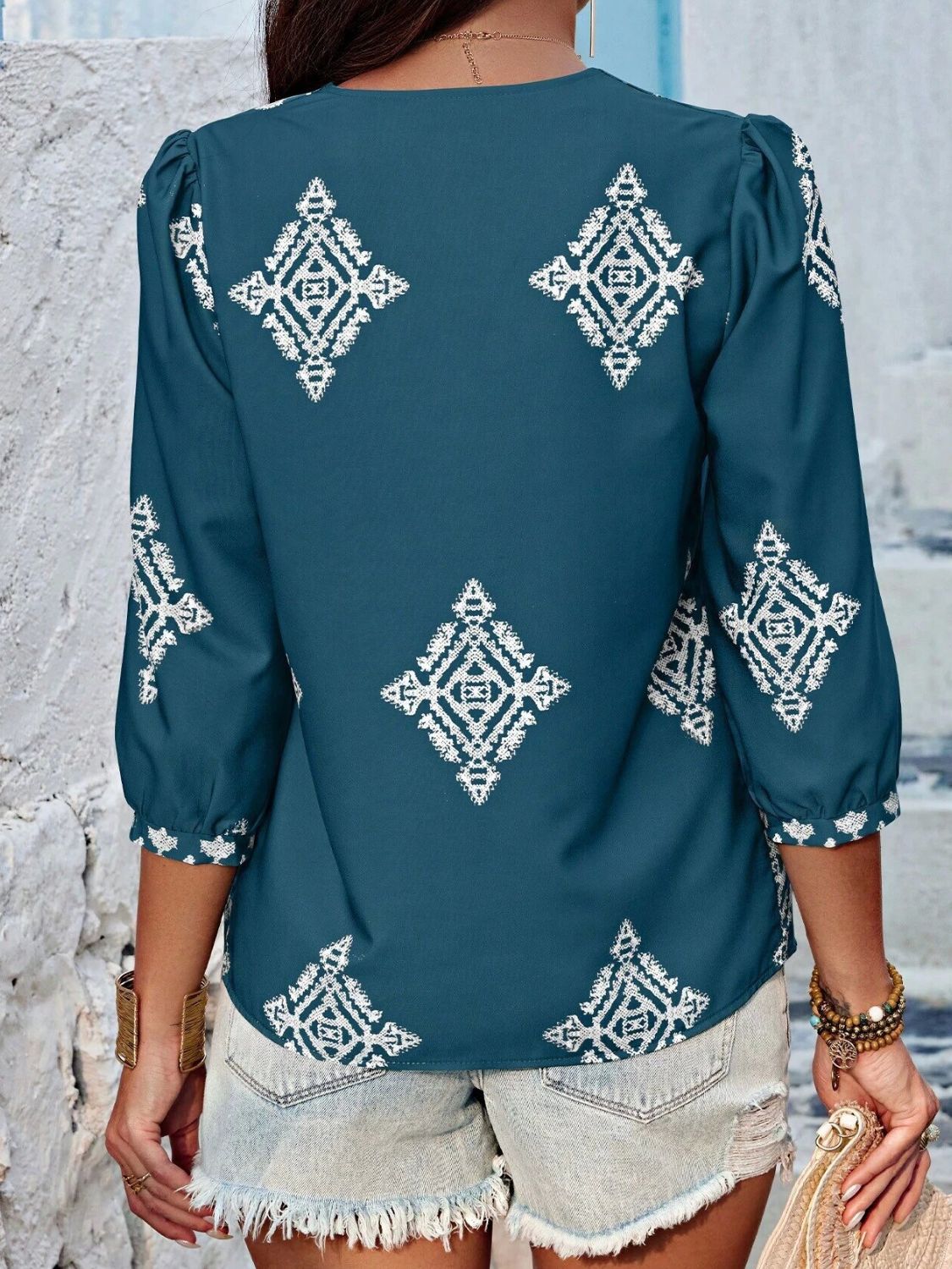 Printed V-Neck Three-Quarter Sleeve Blouse (6 Colors) Shirts & Tops Krazy Heart Designs Boutique   