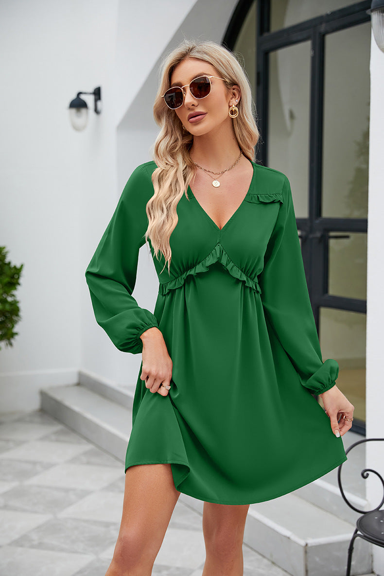 Frill Trim V-Neck Long Sleeve Dress (5 Colors) Dress Krazy Heart Designs Boutique Green S 