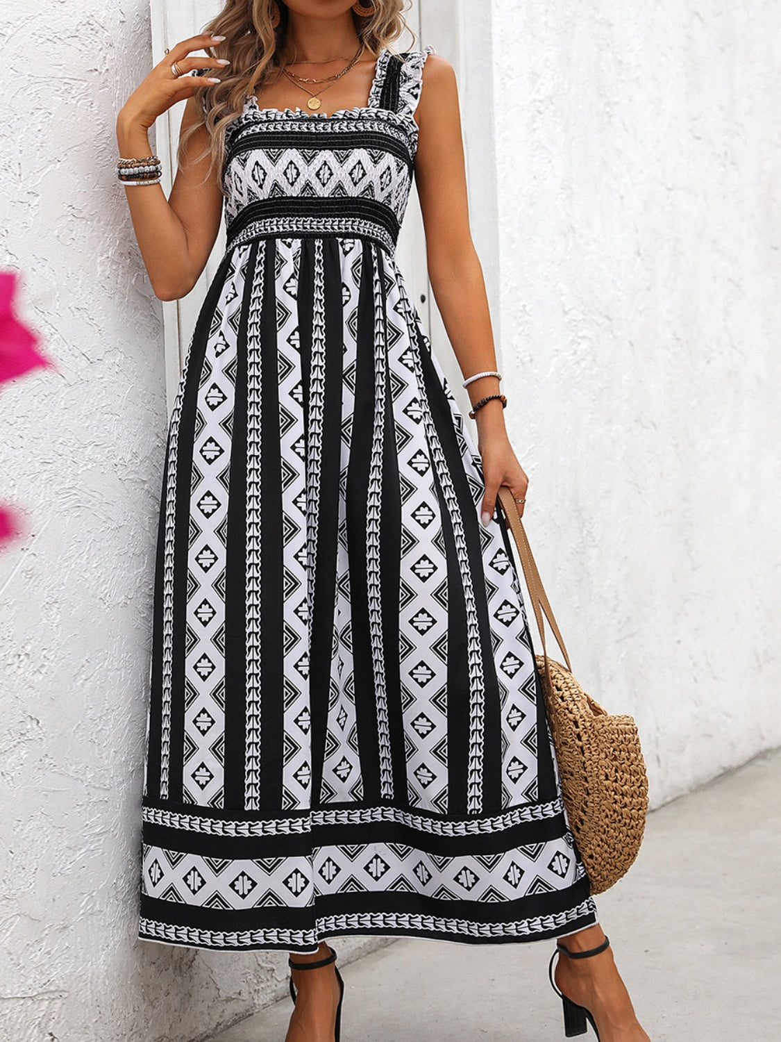 Aztec Printed Square Neck Wide Strap Cami Dress Dress Krazy Heart Designs Boutique Black S 