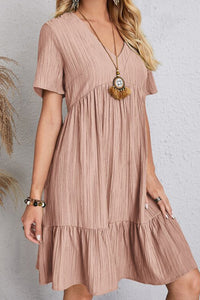 Full Size Ruched V-Neck Short Sleeve Dress (7 Colors) Dress Krazy Heart Designs Boutique Light Mauve S 