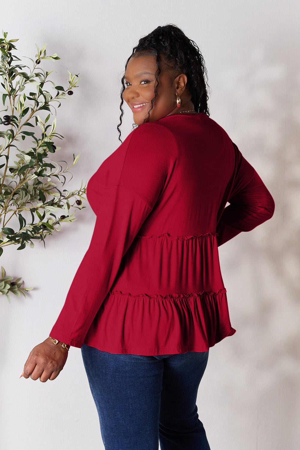 Double Take Half Button Long Sleeve Ruffle Hem Blouse (7 Colors) Shirts & Tops Krazy Heart Designs Boutique   