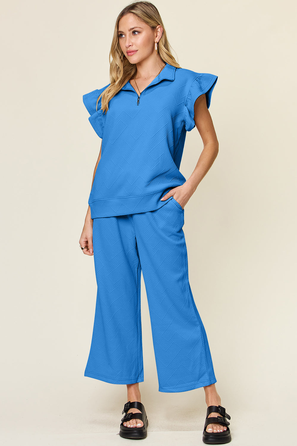 Double Take Texture Ruffle Short Sleeve Top and Drawstring Wide Leg Pants Set (12 Colors)