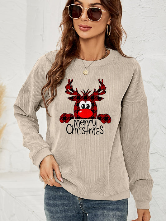 MERRY CHRISTMAS Reindeer Ribbed Sweatshirt Shirts & Tops Krazy Heart Designs Boutique Beige S 