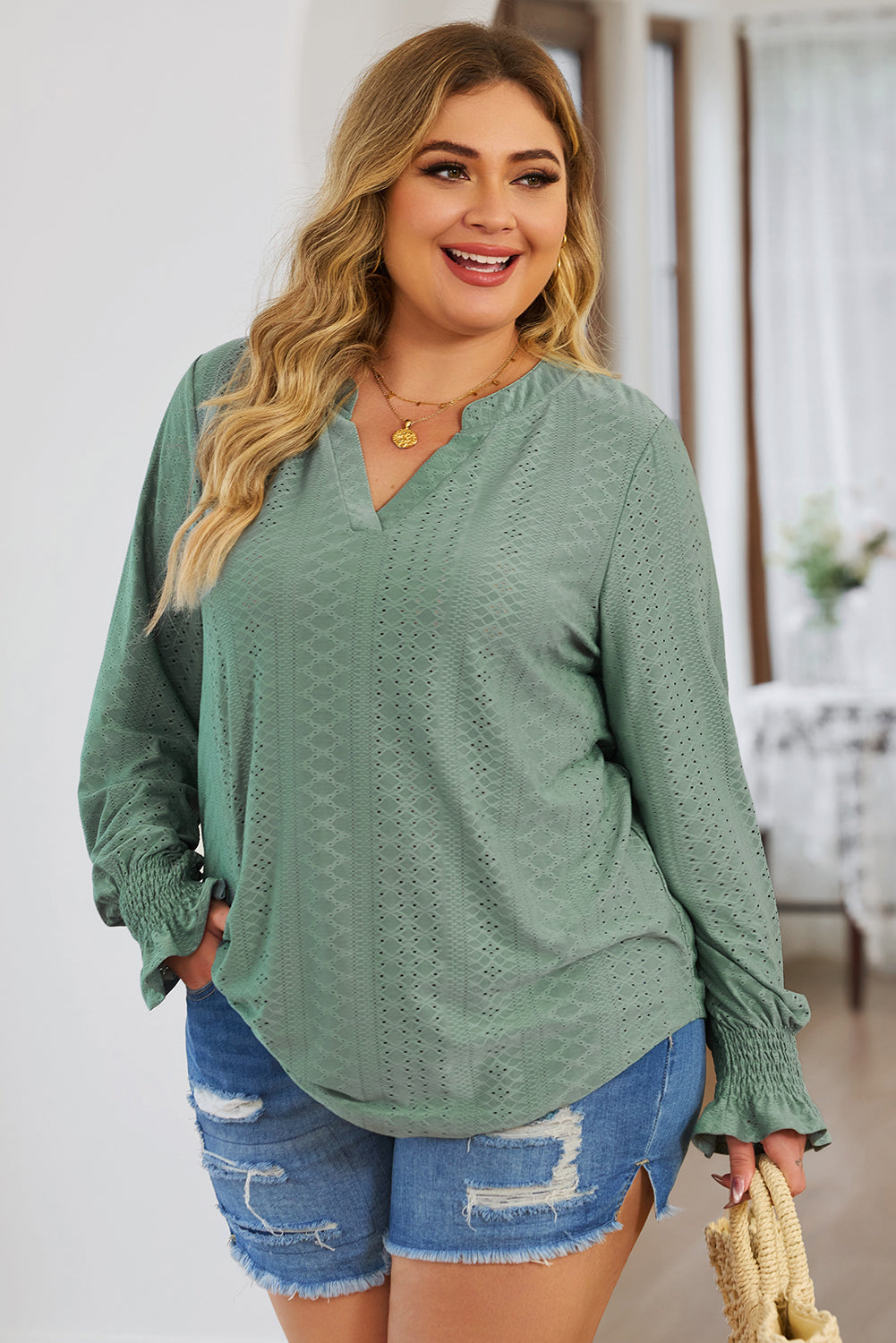 Plus Size Eyelet Notched Flounce Sleeve Blouse (4 Colors) Shirts & Tops Krazy Heart Designs Boutique   