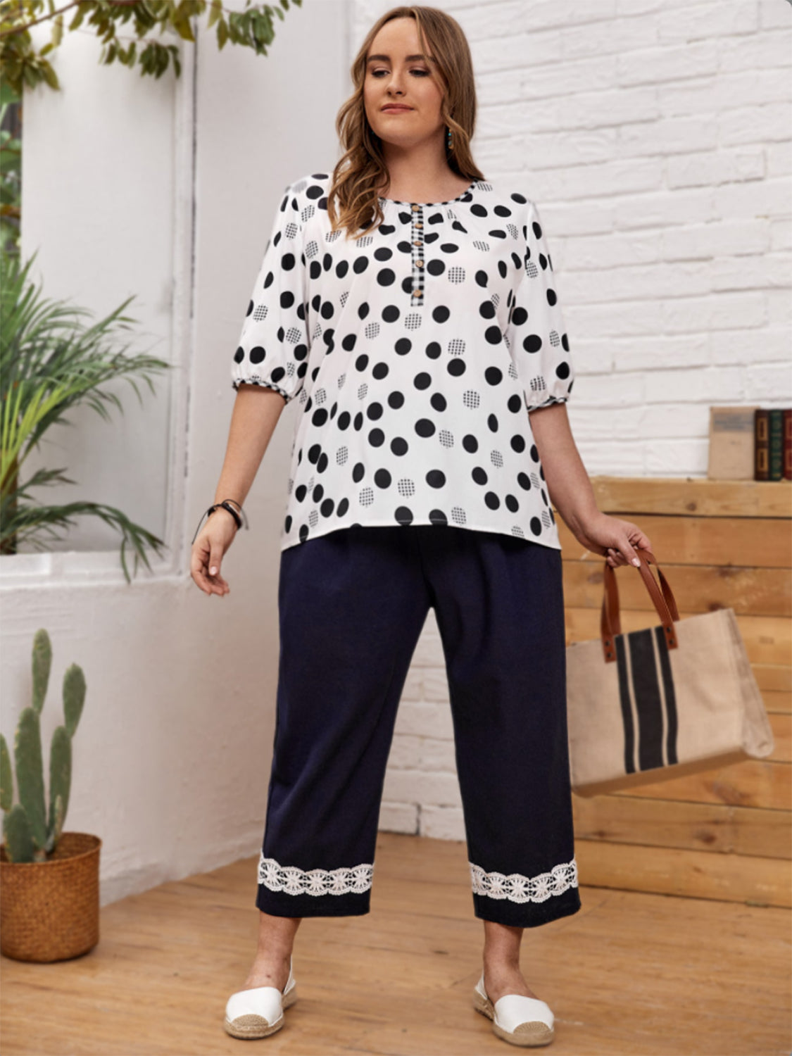 Plus Size Polka Dot Round Neck Half Sleeve Blouse Shirts & Tops Krazy Heart Designs Boutique   