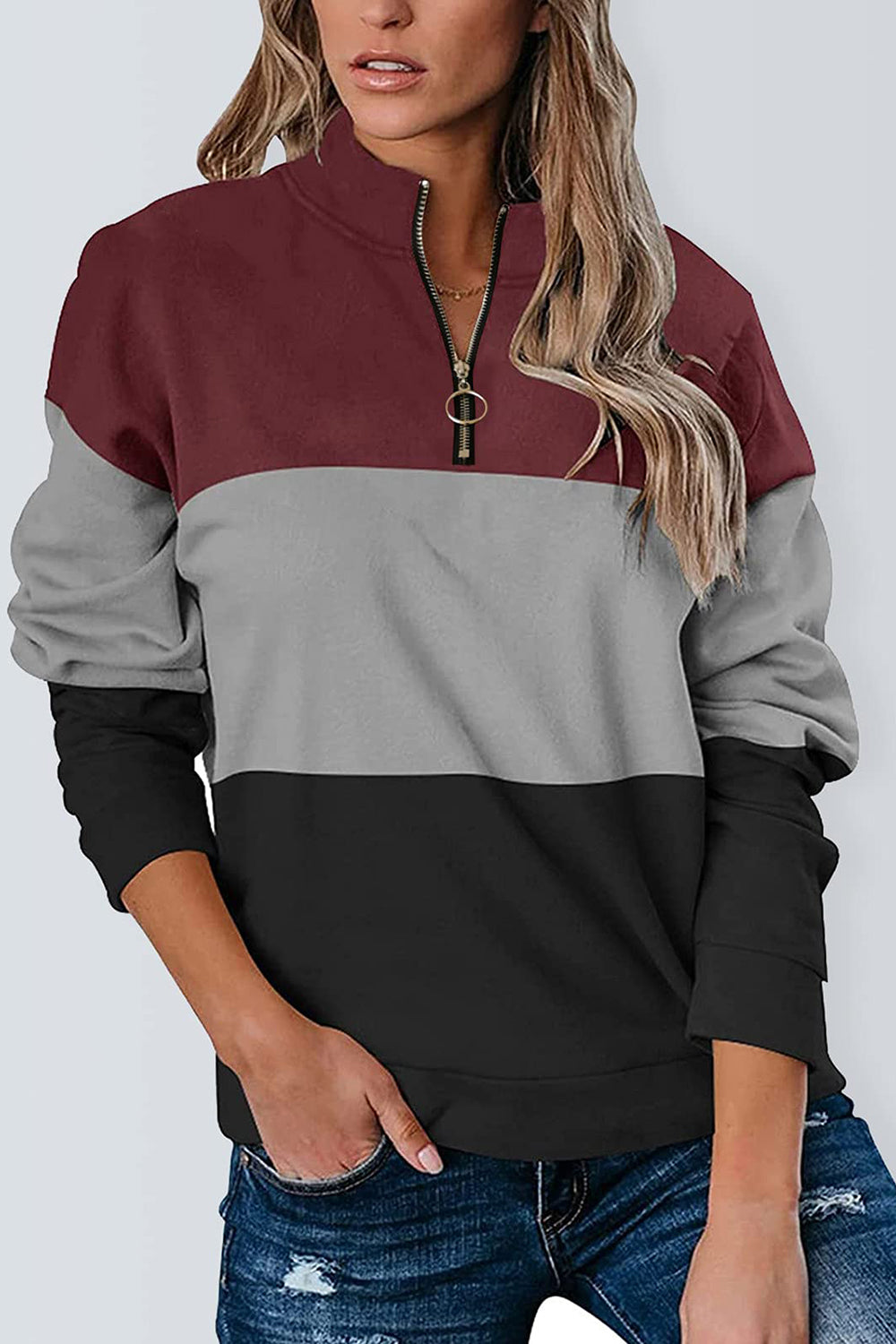 Full Size Color Block Quarter Zip Long Sleeve Sweatshirt (3 Colors) Shirts & Tops Krazy Heart Designs Boutique Black S 