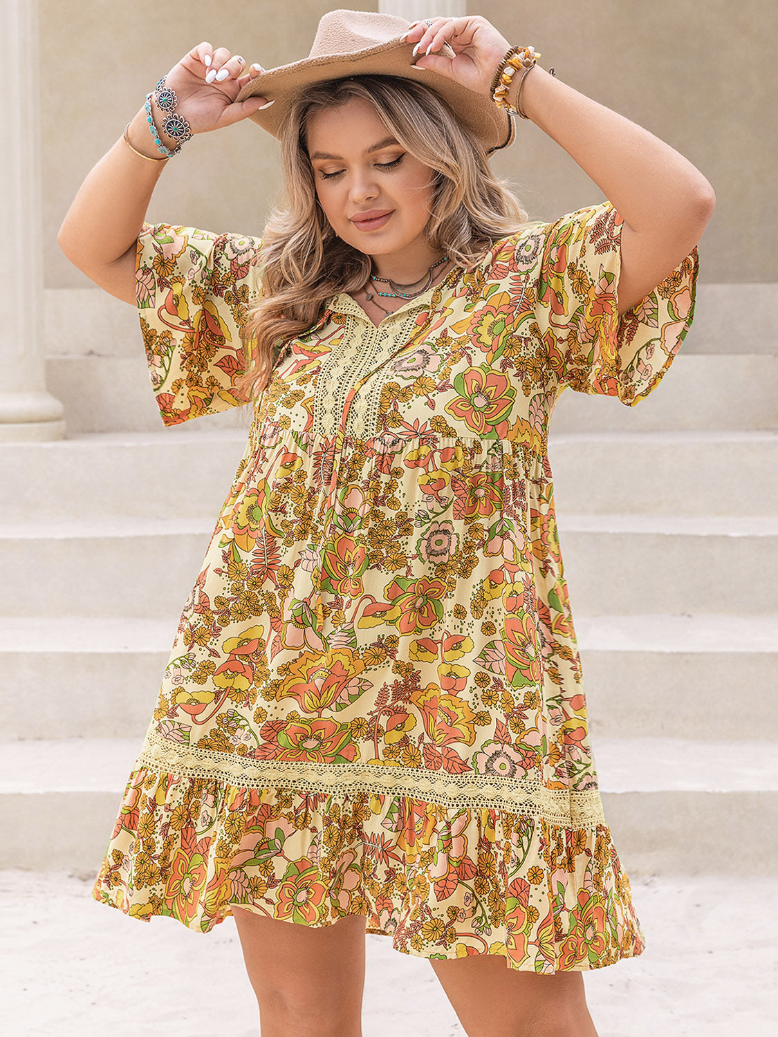 Plus Size Boho Printed Tie Neck Short Sleeve Mini Dress Dress Krazy Heart Designs Boutique
