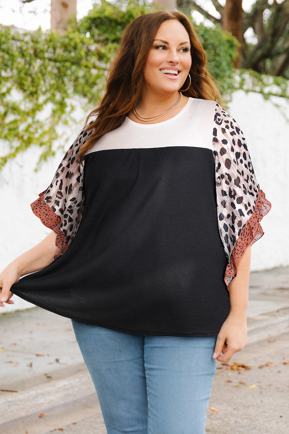 Plus Size Printed Color Block Ruffled Blouse (2 Colors) Shirts & Tops Krazy Heart Designs Boutique Black 1X 