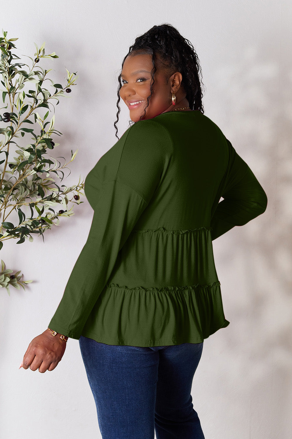 Double Take Half Button Long Sleeve Ruffle Hem Blouse (7 Colors) Shirts & Tops Krazy Heart Designs Boutique   