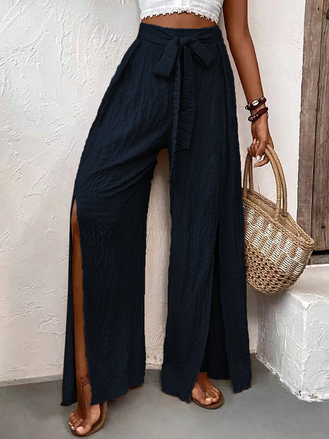 Boho Honey Tied Slit Wide Leg Pants (2 Colors) pants Krazy Heart Designs Boutique