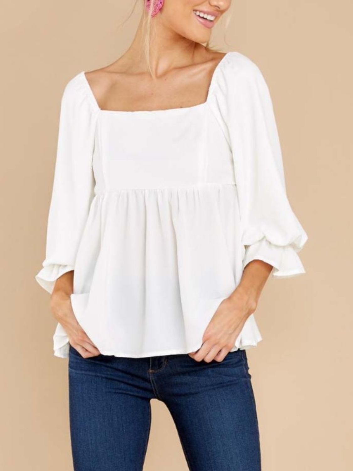 Smocked Square Neck Flounce Sleeve Blouse (2 Colors) Shirts & Tops Krazy Heart Designs Boutique   