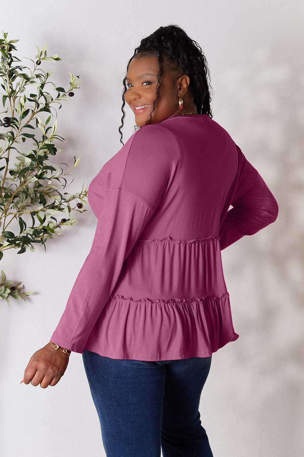 Double Take Half Button Long Sleeve Ruffle Hem Blouse (7 Colors) Shirts & Tops Krazy Heart Designs Boutique   