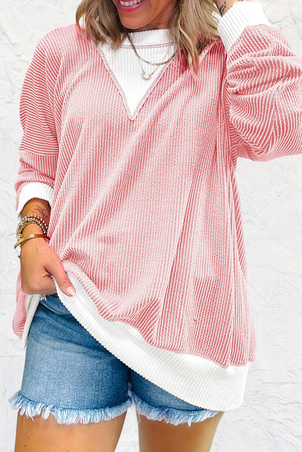 Blush Pink Ribbed Long Sleeve Sweatshirt Shirts & Tops Krazy Heart Designs Boutique