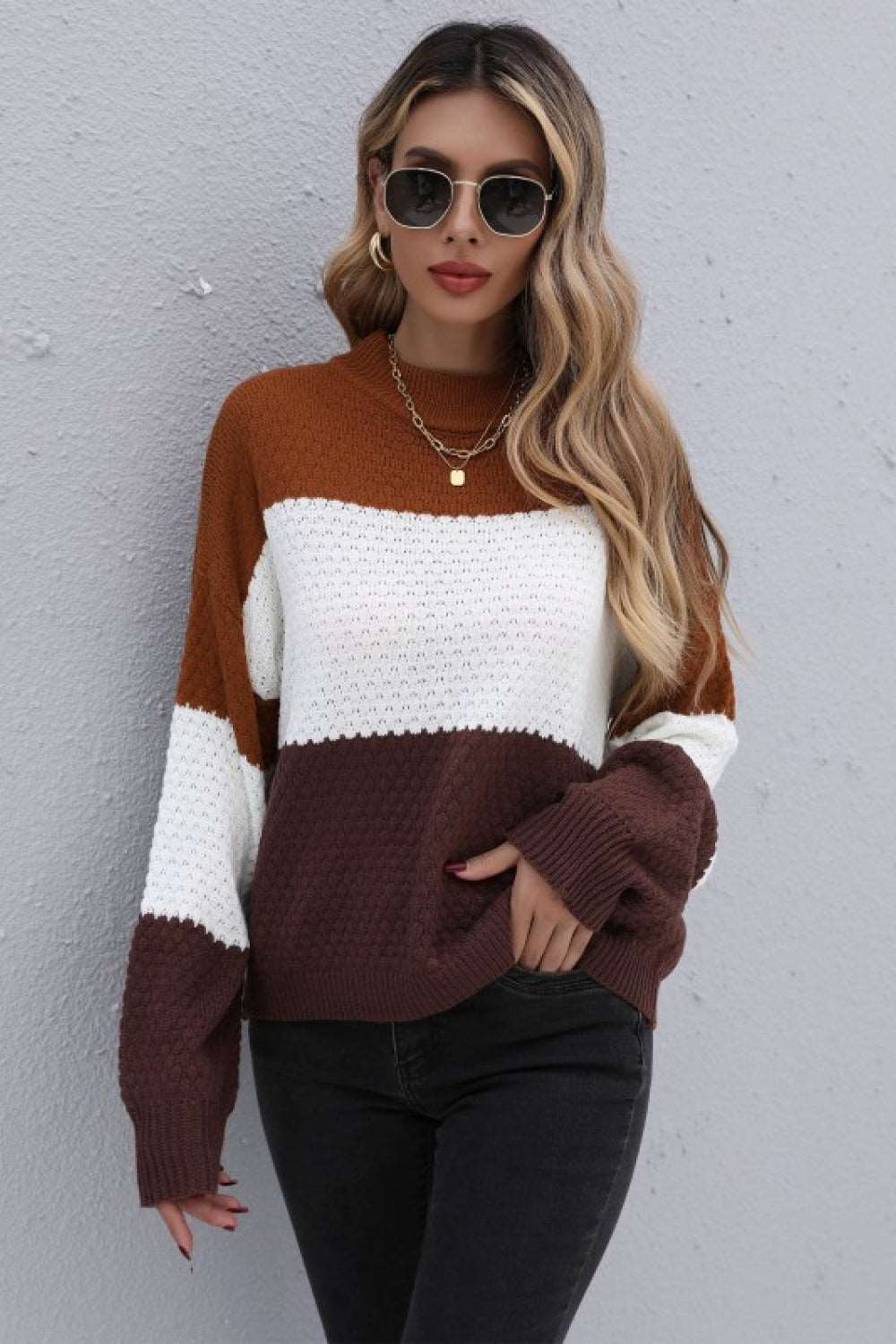 KHD Color Block Long Sleeve Sweater  Krazy Heart Designs Boutique Brown S 