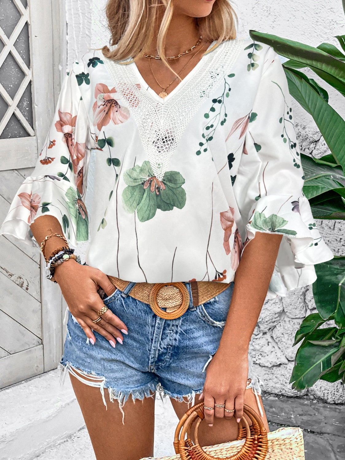 Honey Ruffled Printed V-Neck Half Sleeve Blouse (4 Print Colors) Shirts & Tops Krazy Heart Designs Boutique Green S 