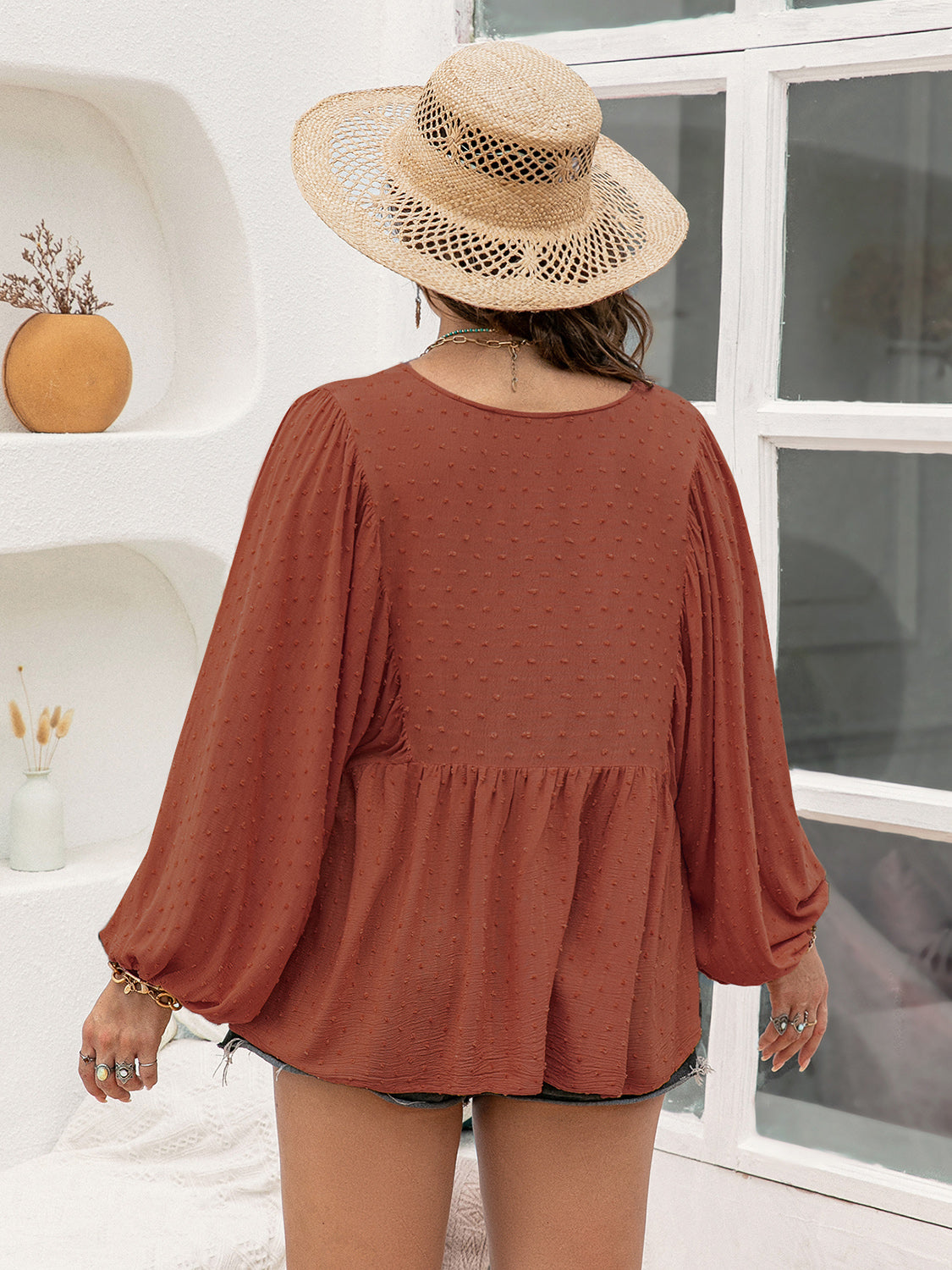 Plus Size Swiss Dot Tie Neck Long Sleeve Blouse Shirts & Tops Krazy Heart Designs Boutique   