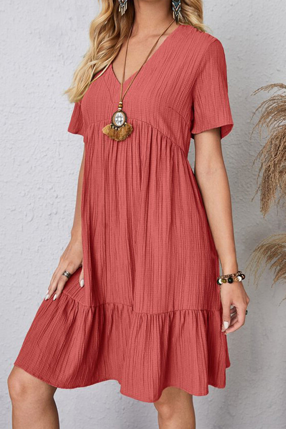 Full Size Ruched V-Neck Short Sleeve Dress (7 Colors) Dress Krazy Heart Designs Boutique Coral S 