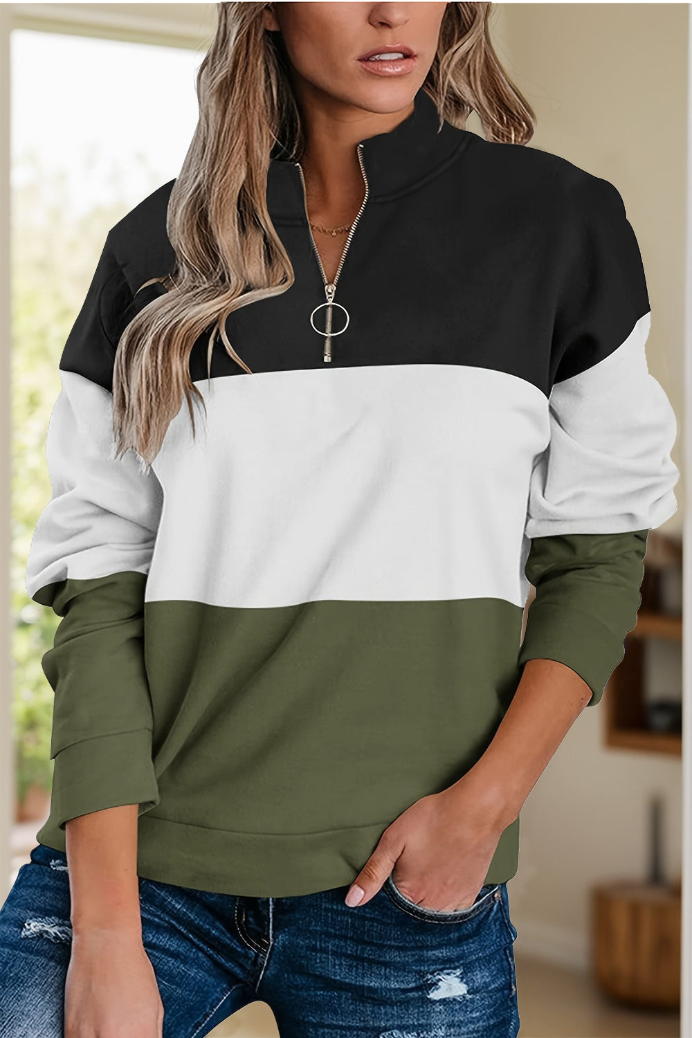 Full Size Color Block Quarter Zip Long Sleeve Sweatshirt (3 Colors) Shirts & Tops Krazy Heart Designs Boutique Moss S 