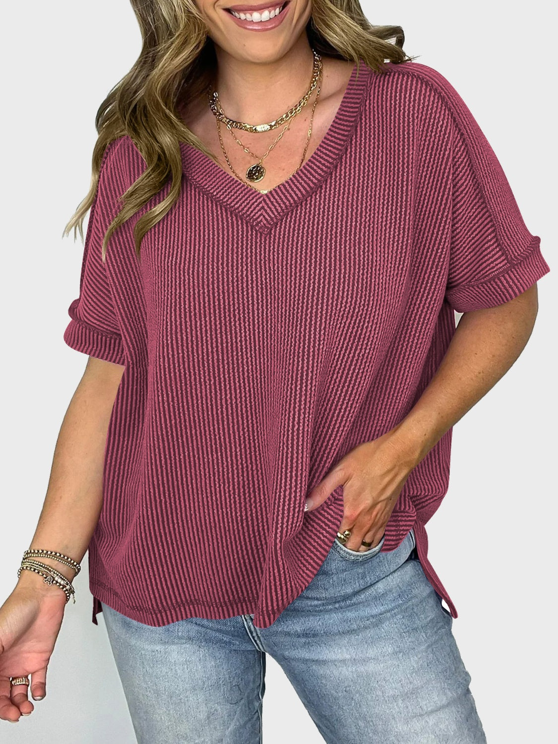 Lovelet Texture V-Neck Half Sleeve Top (5 Colors) Shirts & Tops Krazy Heart Designs Boutique   