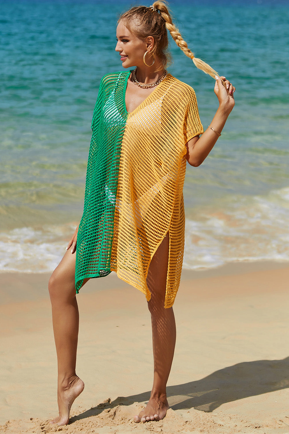 Double Take Openwork Contrast Slit Knit Cover Up (6 Colors) swimwear Krazy Heart Designs Boutique   