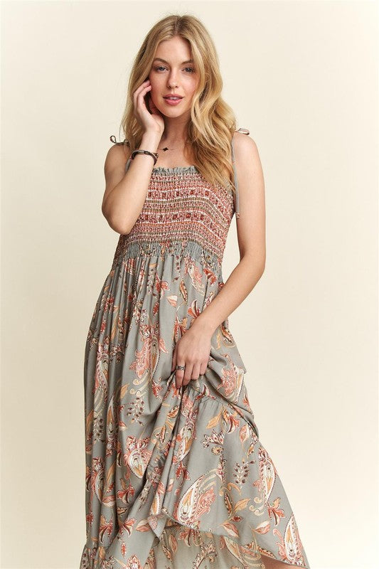 ADORA Vintage Style Print Square Neck Tie Shoulder Cami Dress Dress Krazy Heart Designs Boutique