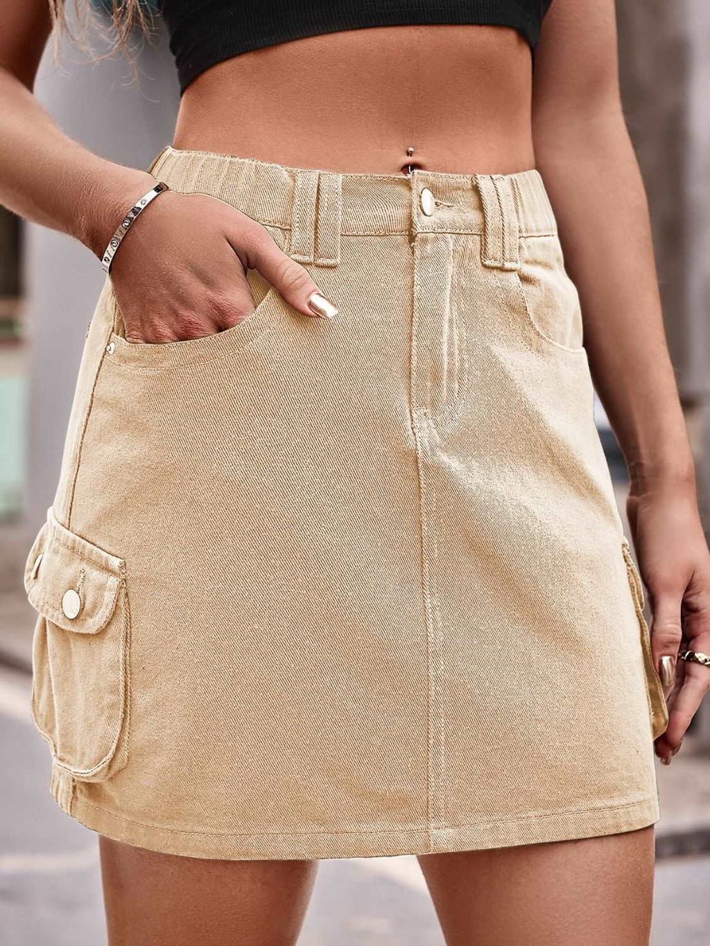Denim Mini Skirt with Pockets (3 Colors)  Krazy Heart Designs Boutique Tan S 
