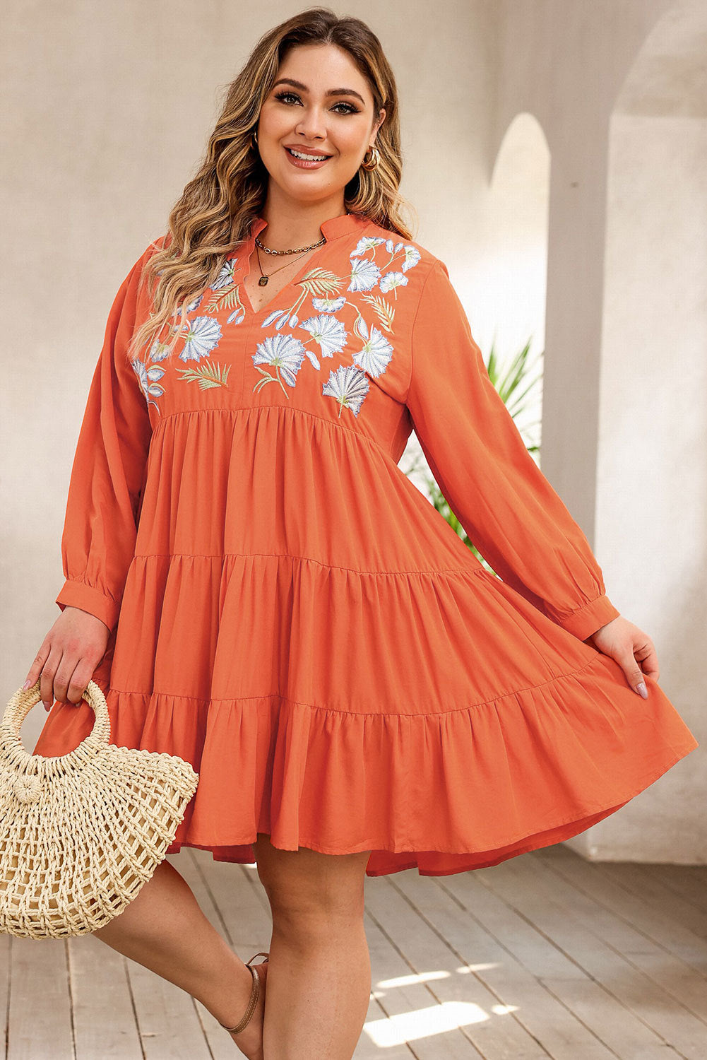 Plus Size Notched Neck Printed Long Sleeve Mini Dress Dress Krazy Heart Designs Boutique   