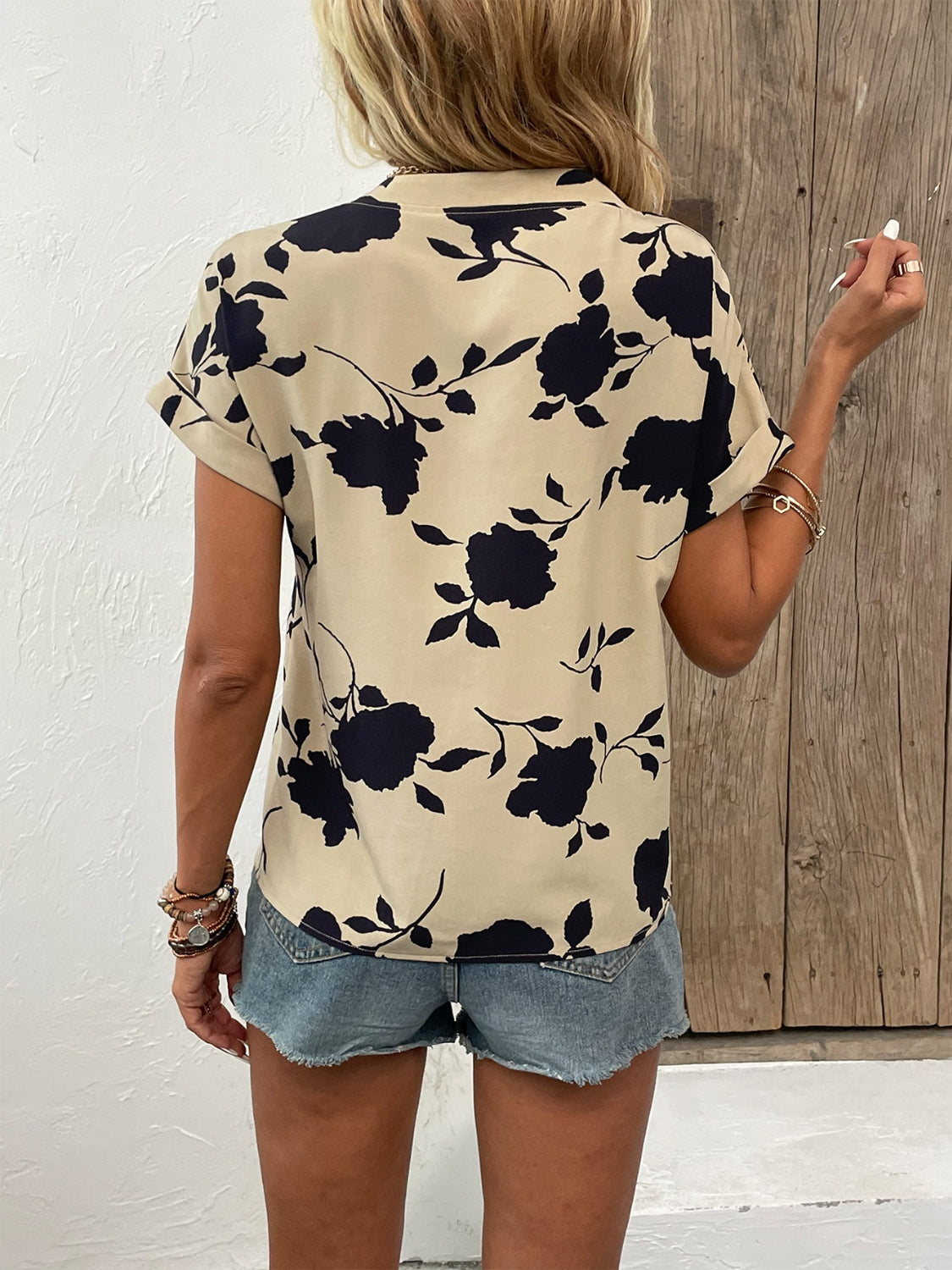 Floral Notched Short Sleeve Blouse Shirts & Tops Krazy Heart Designs Boutique   